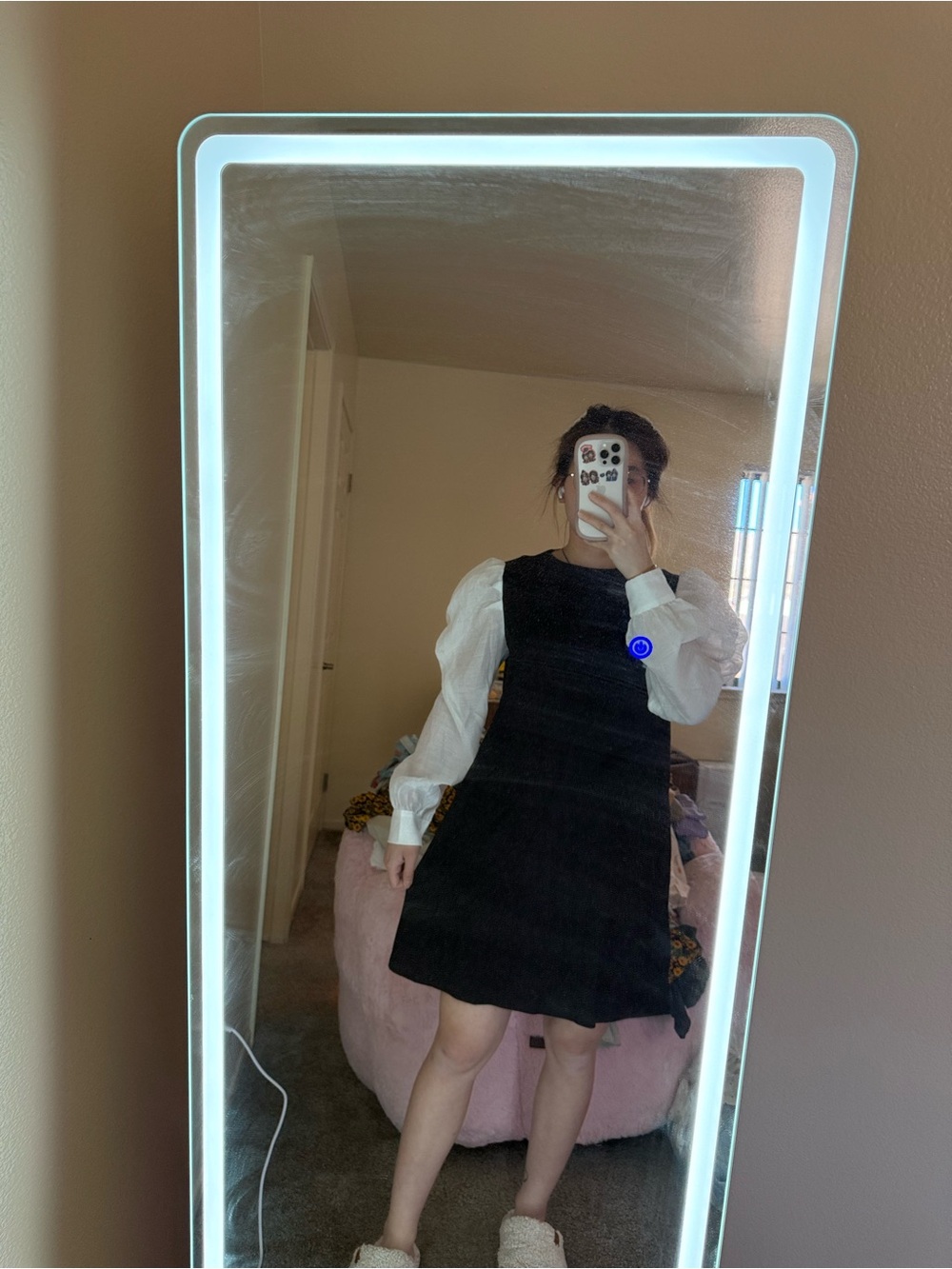 Black A-Line Pinafore Dress with White Puff Sleeve Blouse